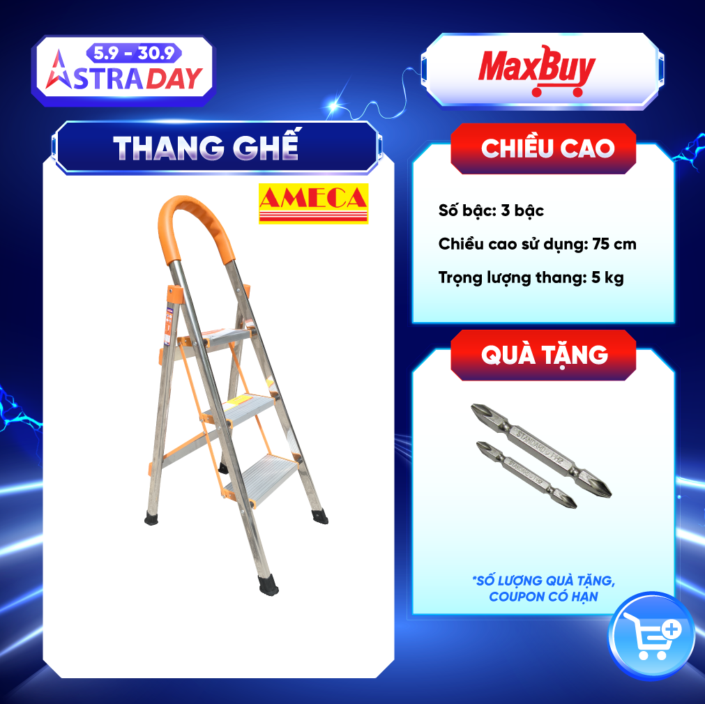 Thang Ghế Chữ A Gấp Gọn 3 bậc Ameca - Thang gia đình, thang thắp hương - Chiều cao 75cm - AMG-3IN