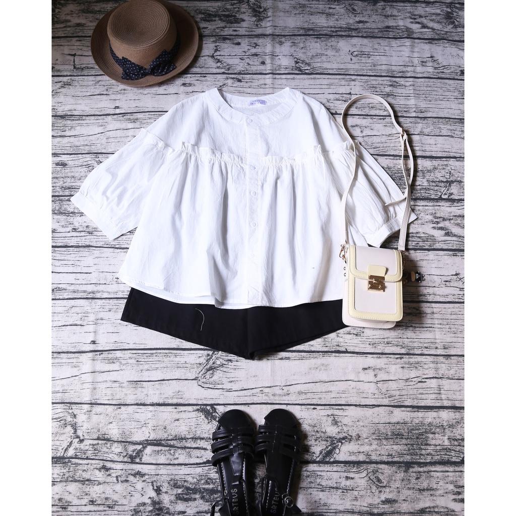 ÁO SƠ MI CỔ TÀU DÁNG BABYDOLL TAY BỒNG