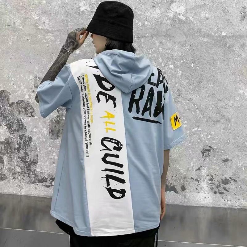 Spot real shot new summer European and American style men's urban fashion cool wild loose comfortable oblique pockets color matching design casual short sleeve hoodie