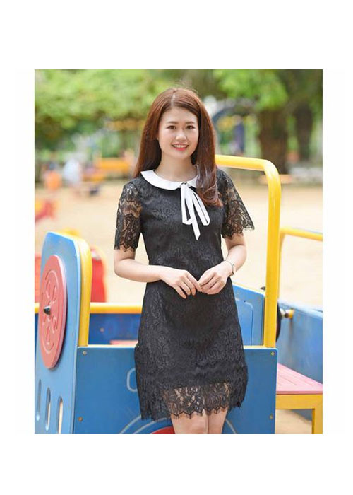 Đầm ren ôm suông công sở phối màu