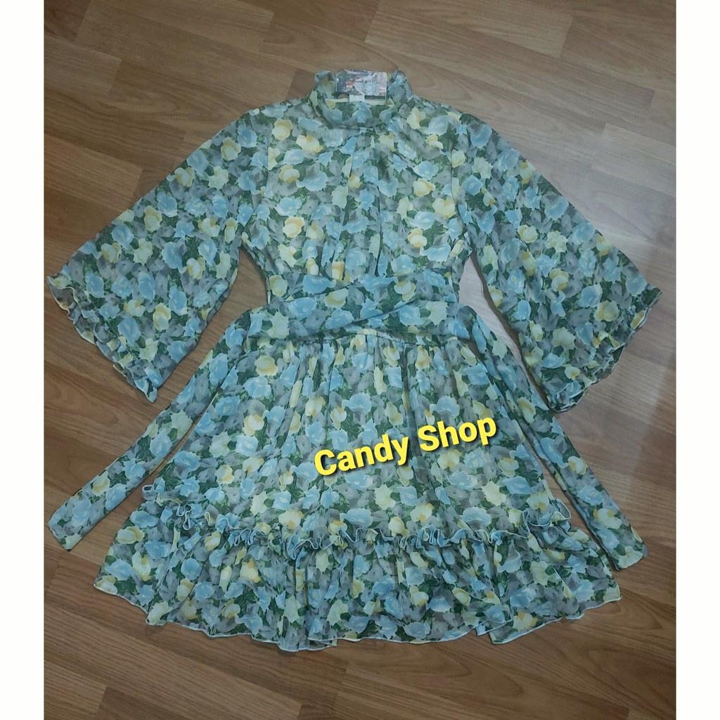 Đầm xoè hoa tay loe cao cấp kèm dây buộc eo