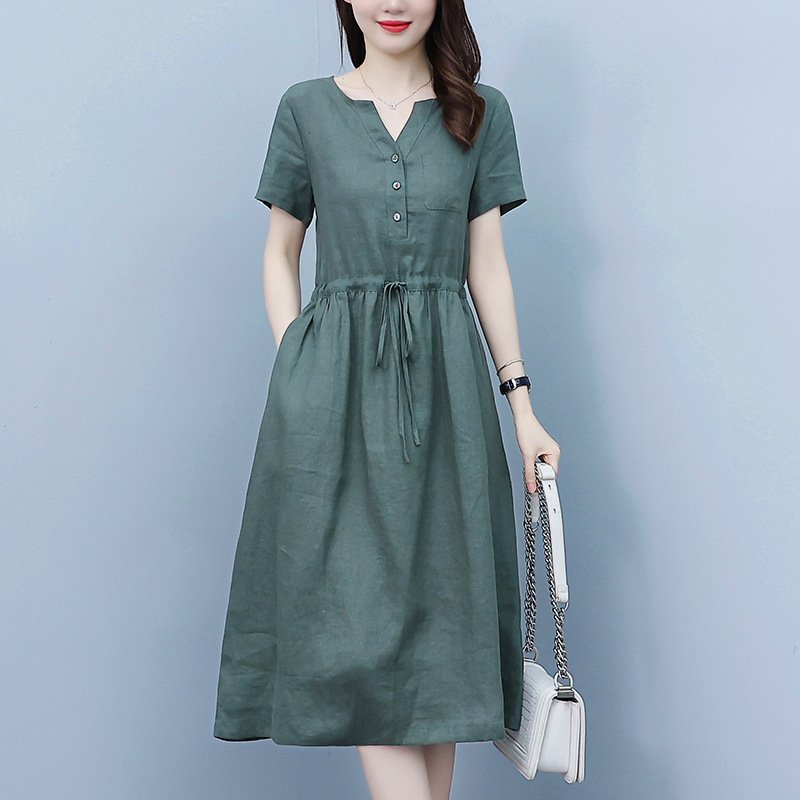 Đầm Linen dáng suông cỏ V có túi 2 bên sườn kèm dây rút eo trẻ trung, tôn dáng da218