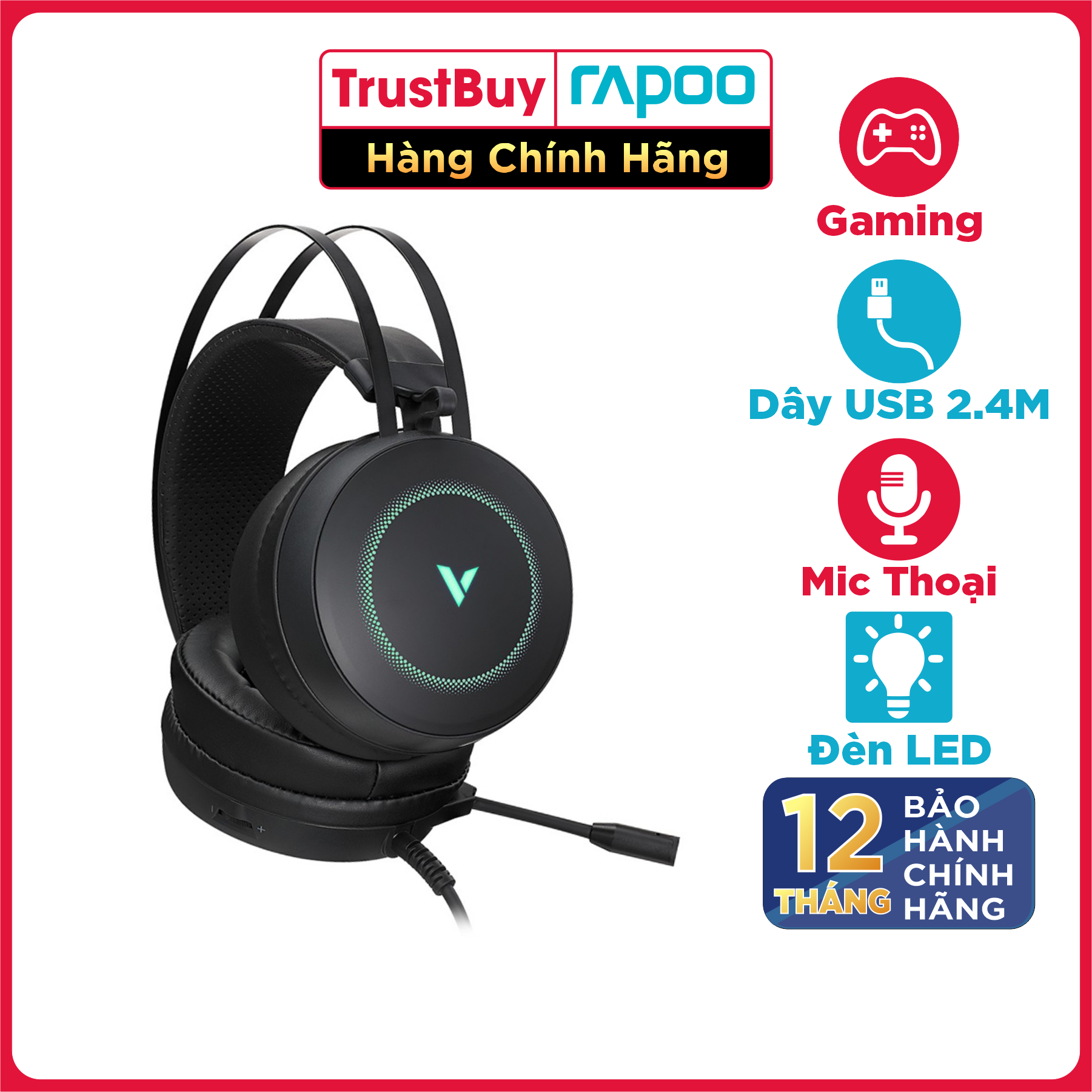 Tai Nghe Gaming Chụp Tai RAPOO VH160 Âm Thanh 7.1, Đèn LED, Micro Khử Ồn ENC - Hàng Chính Hãng