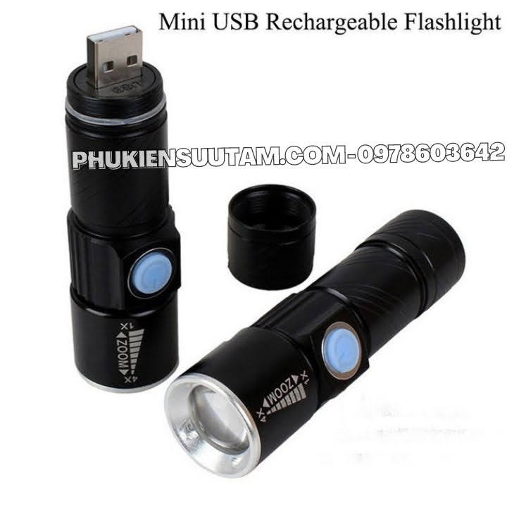 Đèn Pin Siêu Sáng Sạc USB Zoom 4x, kích thước: 9cmx2.4cm, màu đen - SP005760