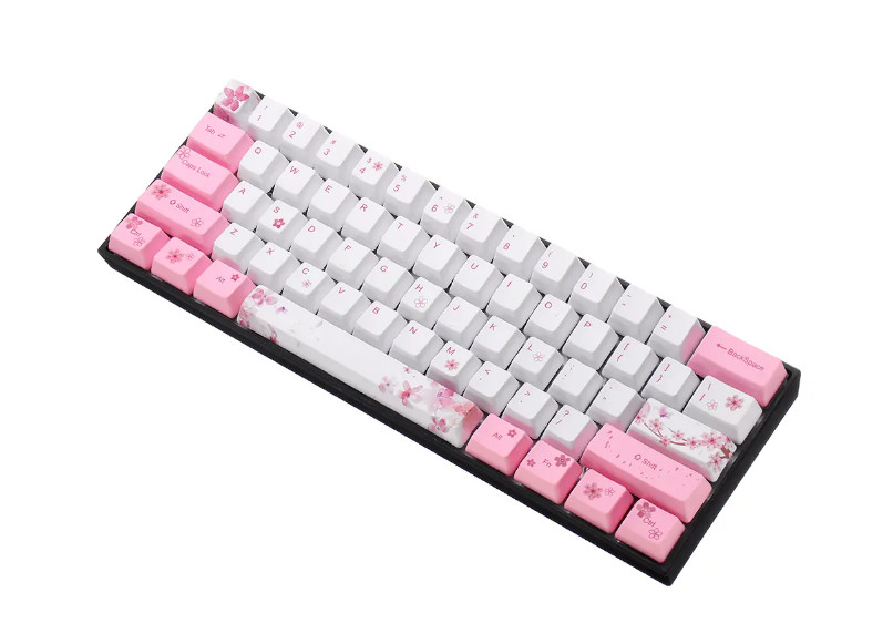 Bộ Keycap (mũ phím) PBT 61 phím – Chính hãng Royal Kludge. Hoạ tiết Sakura - Hoa anh đào. Công nghệ in Dye – sub, bền đẹp. Dành cho bàn phím cơ 61 phím. OEM Profile.