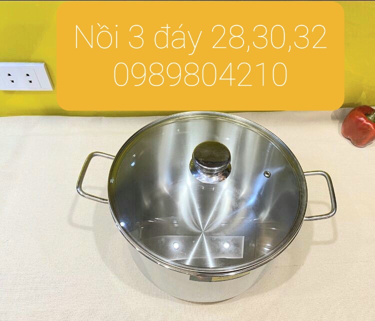 Nồi inox 3 đáy đun bếp từ size 32 nắp kính ,nắp inox ,nồi luộc gà 3 đáy inox 430 ,nồi 15 lít ,đun bếp từ