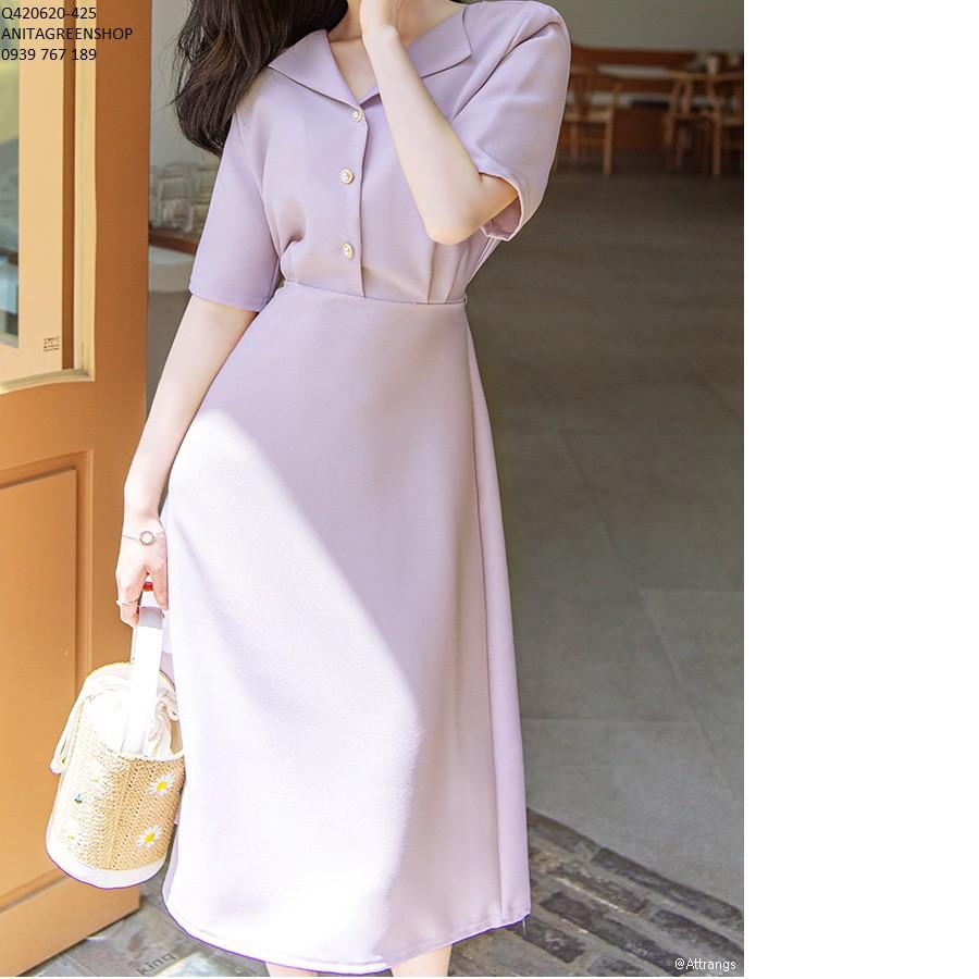 Q420620 ĐẦM XÒE CỔ BẺ MÀU TÍM