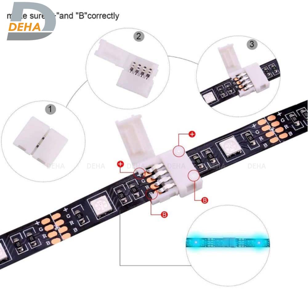 Đầu nối góc chữ L vuông 4 chân cho led dây dán 5050, 2835, 3528 RGB đổi màu connector 4P pin 10 mm  trang trí dán tường thạch cao, cây máy tính, màn hình, ti vi, TV, Gaming, Tiktok dán tường, chống nước bền đẹp- Chính hãng DEHA