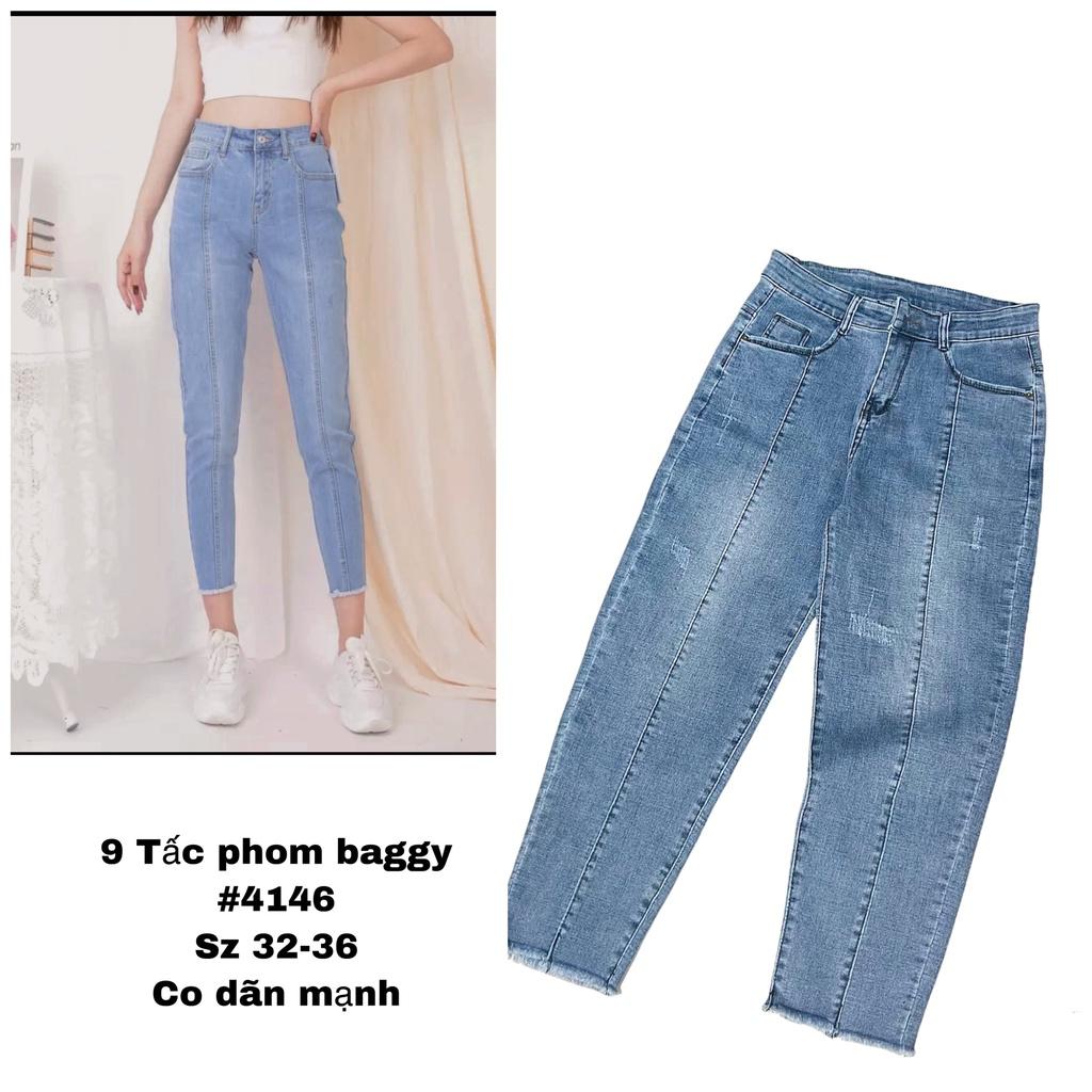 Quần jean 9 tấc Size To phom Baggy/boyfriend co dãn mạnh, lưng cao, kiểu ống ống quần có sọc giữa 4144