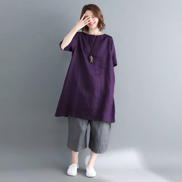 Đầm suông cổ tròn tay lỡ basic Linen bột Premium 3 màu lựa chọn (Cam, tím huế, Trắng)