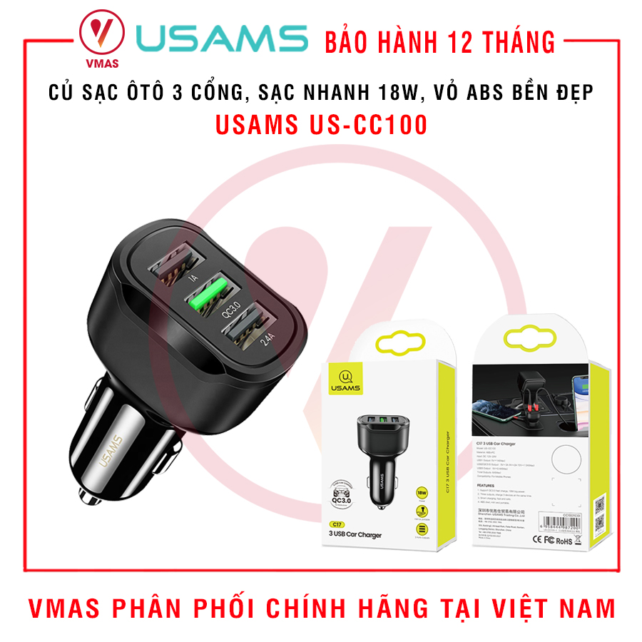 Củ sạc nhanh ôtô 3 cổng USAMS US-CC100 C17 với QC 3.0 , hàng chính hãng