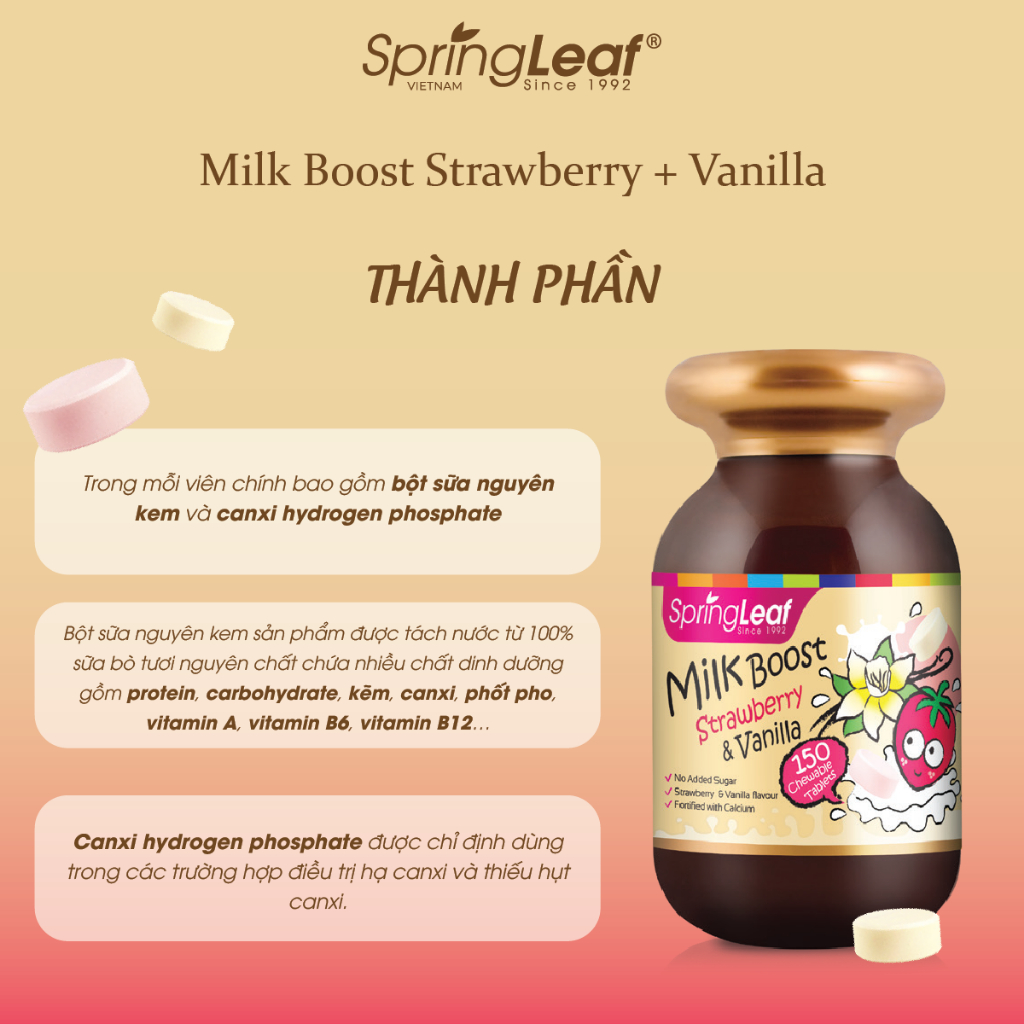 Viên nhai kẹo sữa canxi vị dâu & vani giúp xương chắc khỏe cho bé SpringLeaf Milk Boost 150 viên