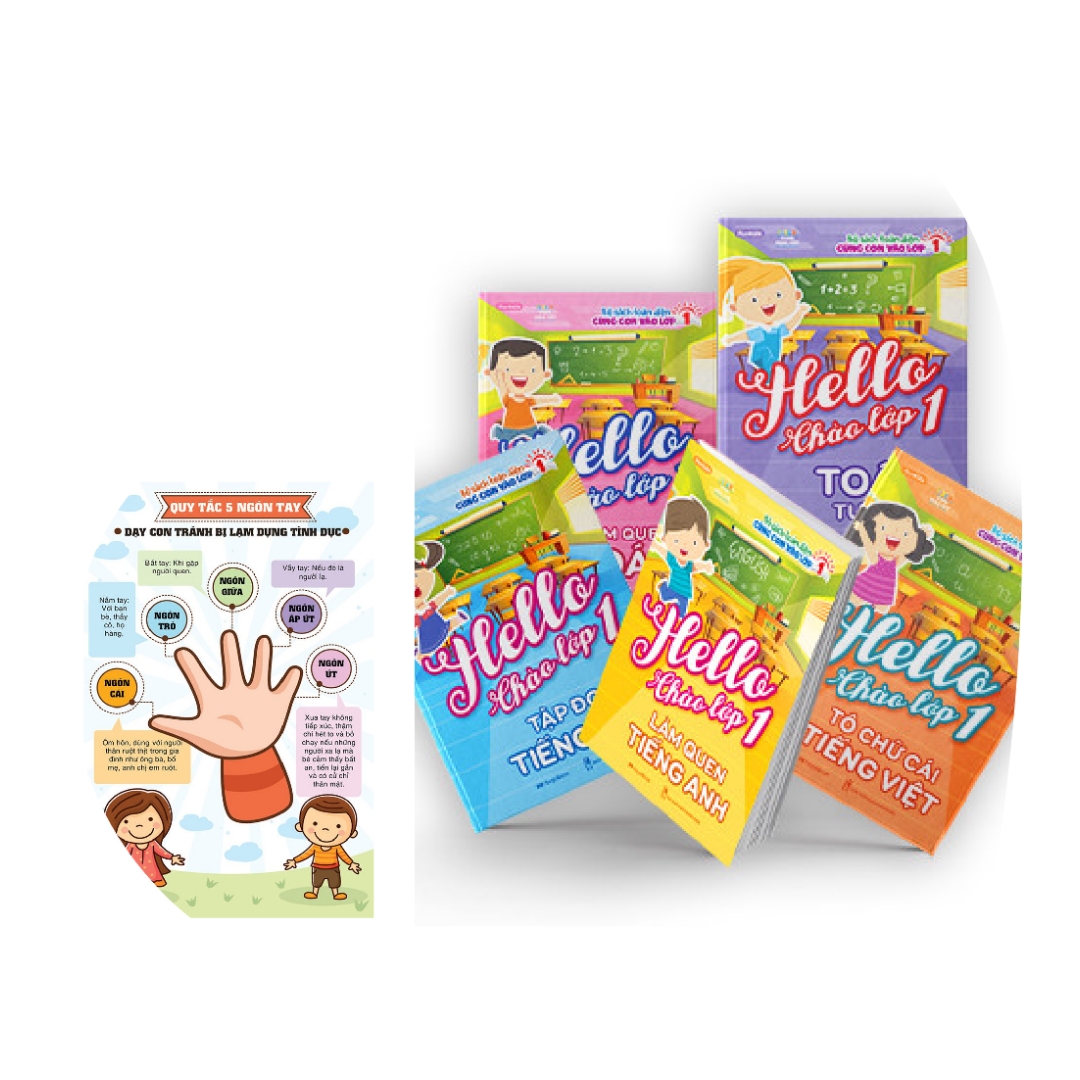 Combo Sách Chuẩn Bị Hành Trang Vào Lớp 1: Hello Chào lớp 1 – Tô chữ cái tiếng Việt + Tập đọc tiếng Việt + Làm quen Toán + Toán tư duy + Làm quen tiếng Anh + Poster An Toàn Cho Con Yêu