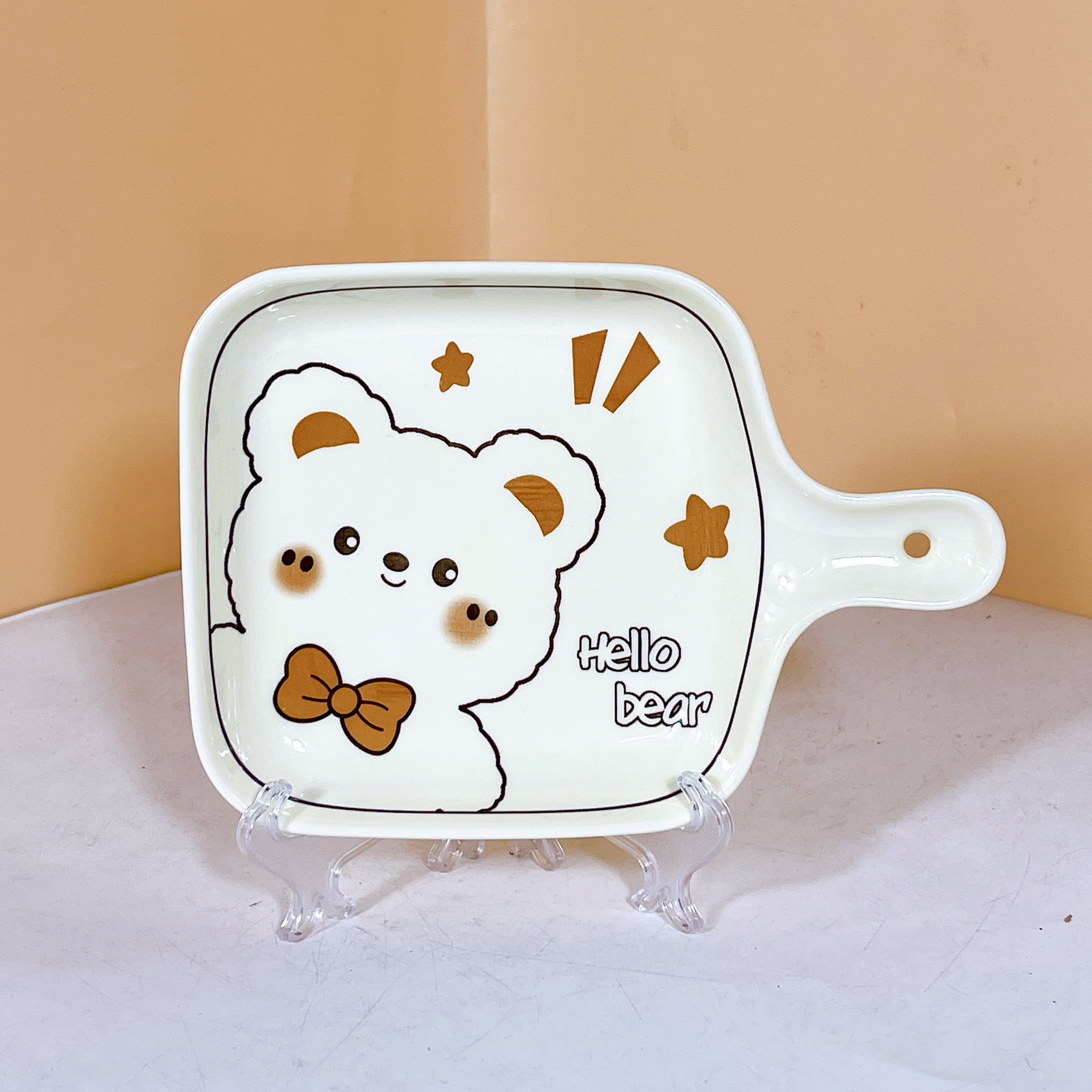Bộ Bát Đĩa Gốm Sứ Cao Cấp Gosu Hình Gấu Cam Trắng Đáng Yêu