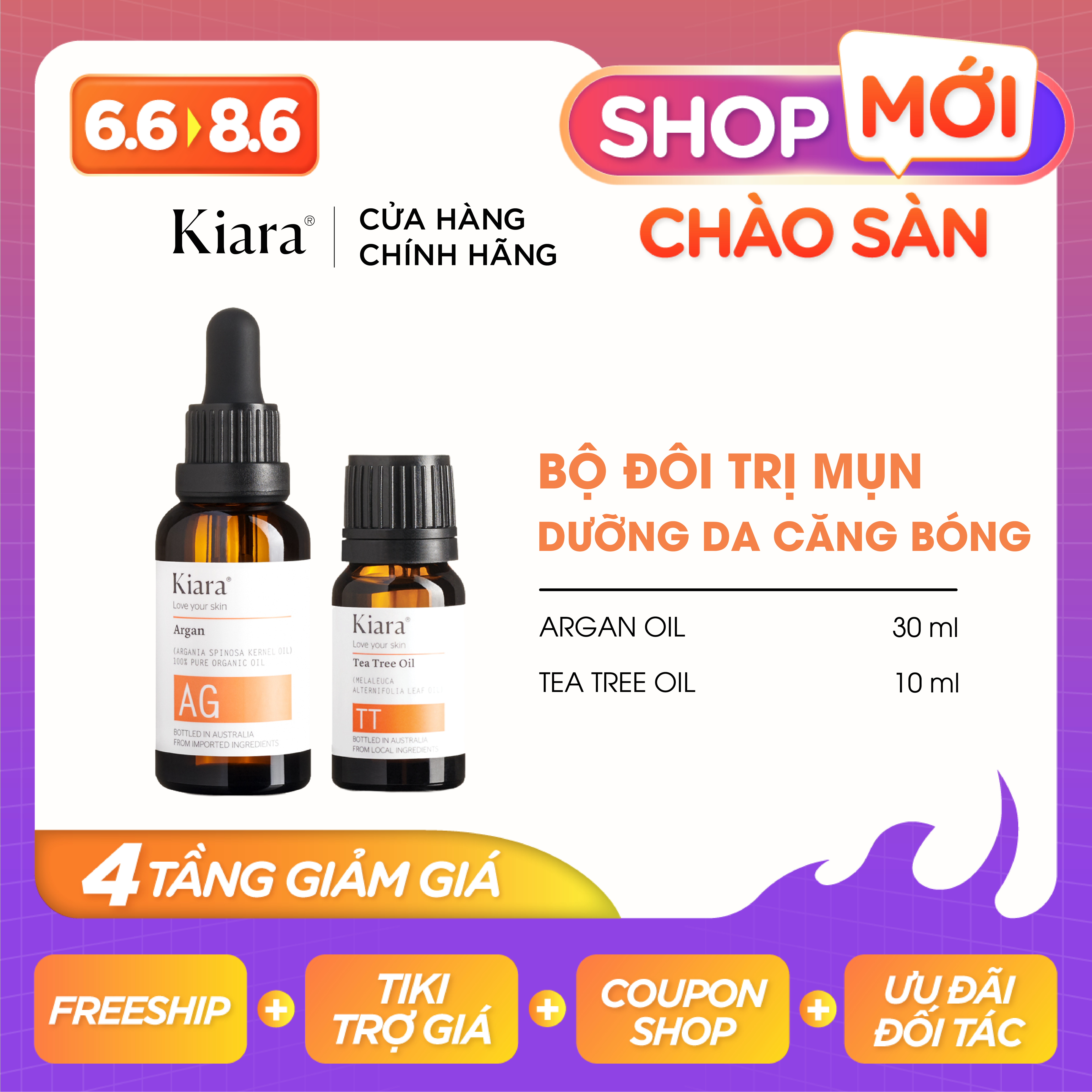 Bộ Đôi Chấm Mụn Tea Tree Oil 10 ml và Dưỡng Da Căng Bóng Kiara Argan Oil 30ml