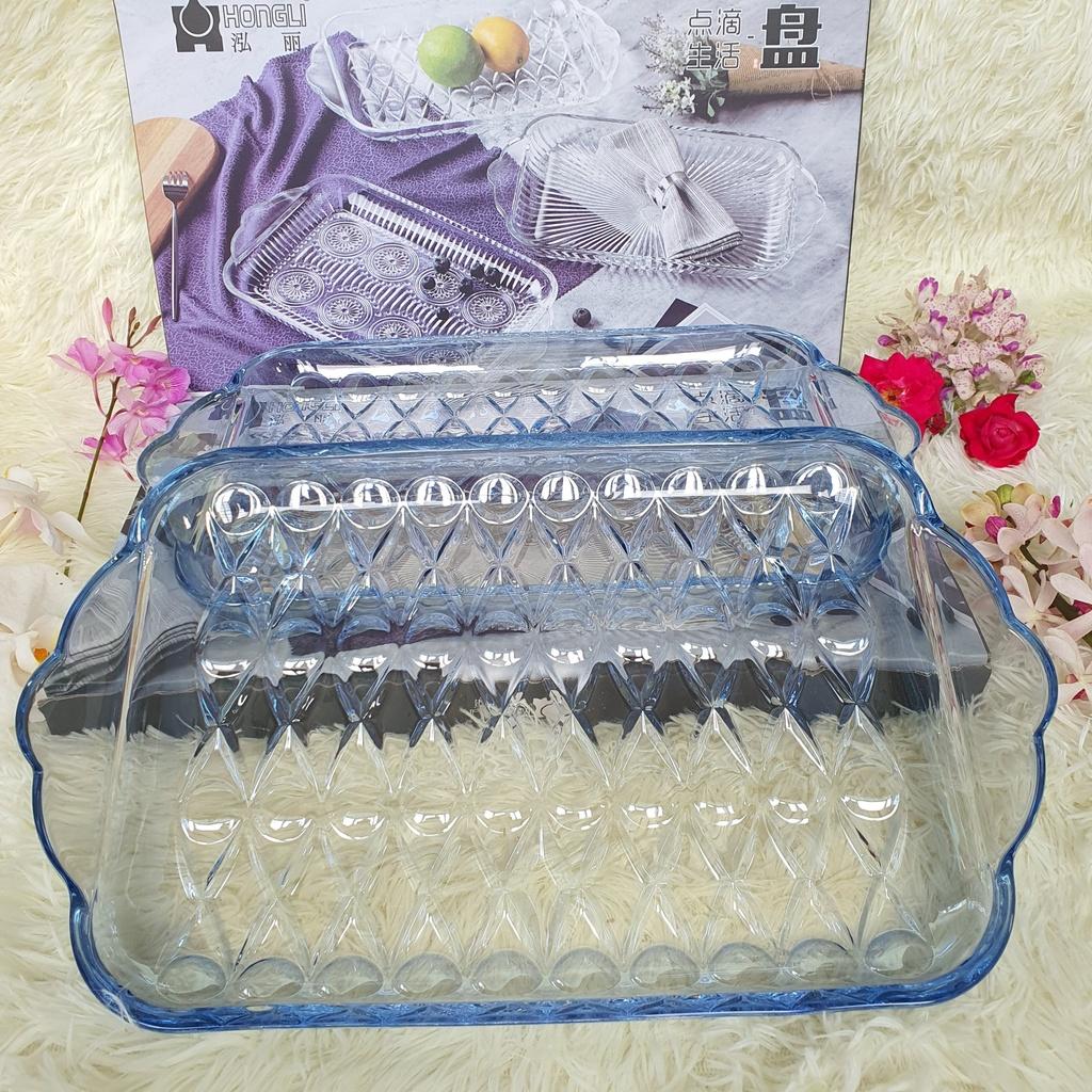 Dĩa Thủy Tinh Đẹp Dài Để Ly/Cốc Hình Chữ Nhật, Khay Đựng Trái Cây, Bánh Mứt Thủy Tinh Cao Cấp Màu Xanh