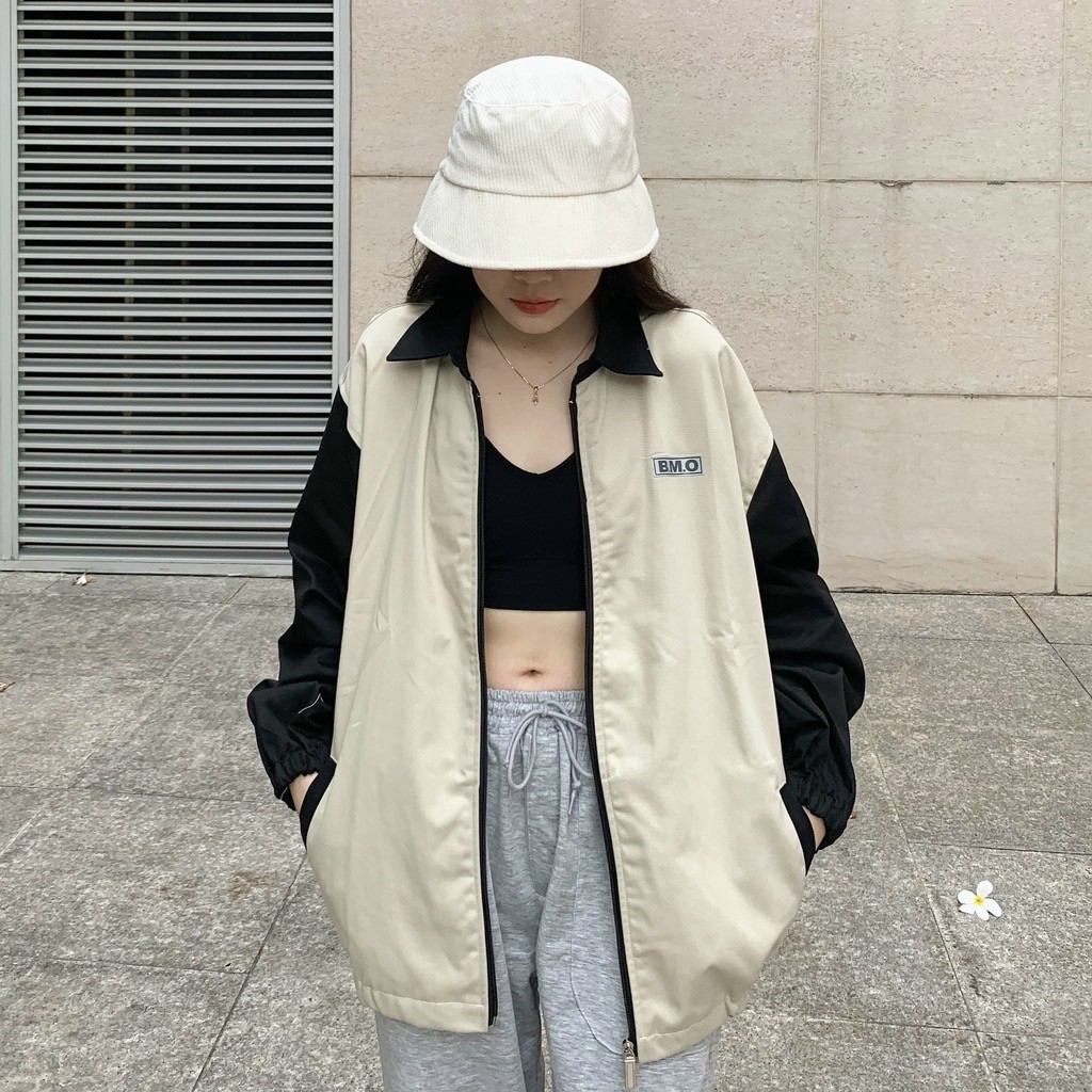 Áo Khoác Kaki Jean  Kiểu Sơ Mi Khóa Zip - Unisex Quốc Dân Thêu Chữ BMO Cổ Bẻ Tay Phối -Rẻ Đẹp - Nam Nữ Cặp Đôi Học Sinh