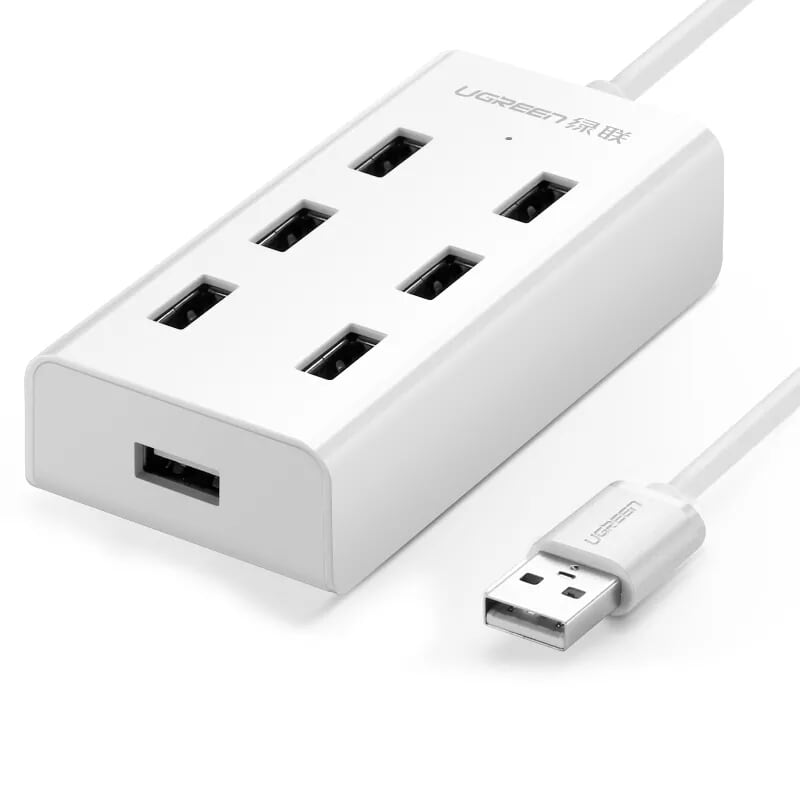 Bộ chia Hub USB 2.0*7 Port Hỗ trợ cổng nguồn Micro USB 1M màu Trắng UGREEN UHU30370CR130 Hàng chính hãng