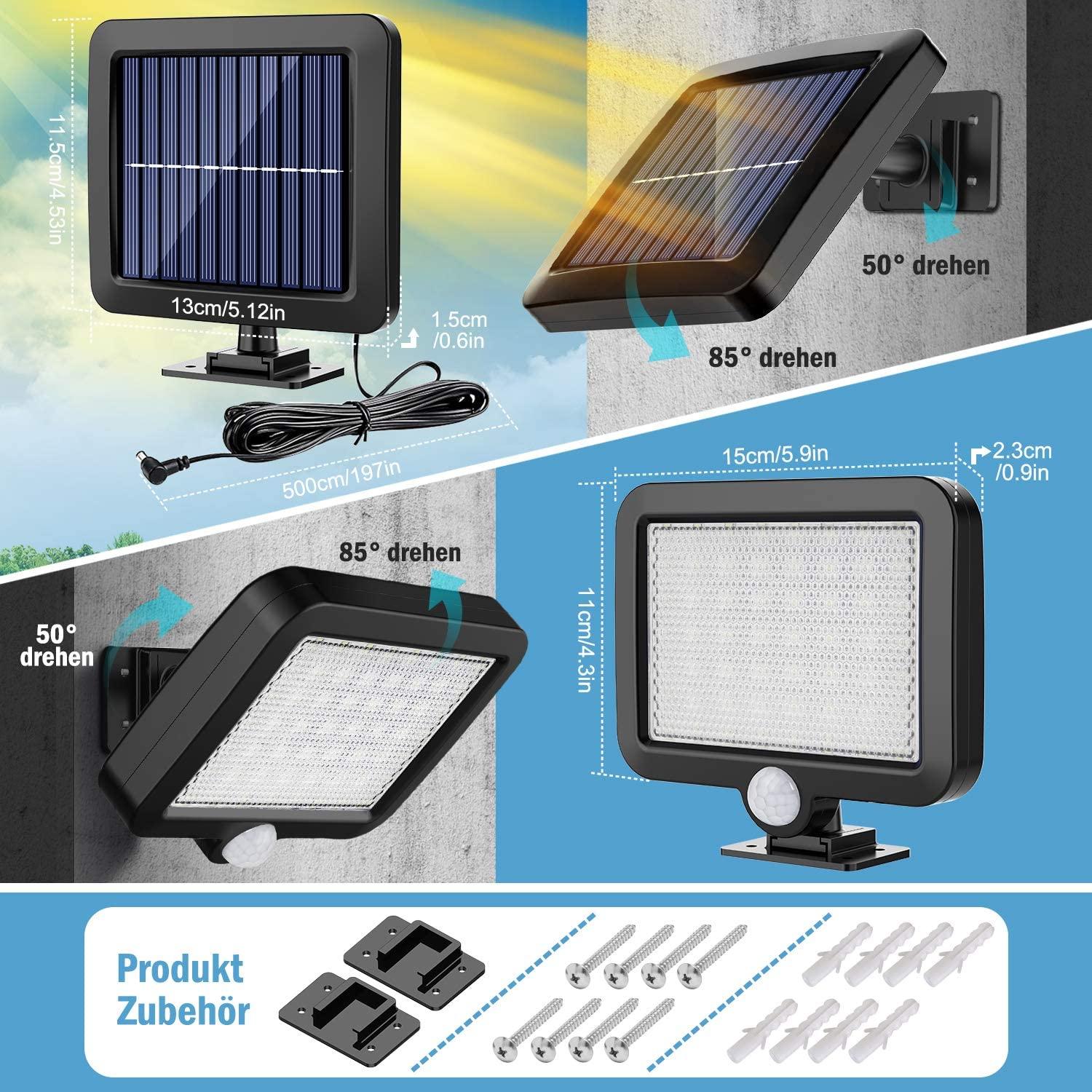 Đèn năng lượng mặt trời với cảm biến chuyển động 56 LED, Đèn sân vườn năng lượng mặt trời chống nước 120° IP65 với cáp 5m