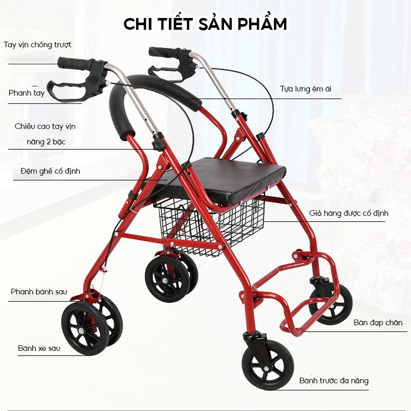 Xe Đẩy Tập Đi Cho Người Già Mẫu 2024, Người Tai Biến Đi Lại Kém Nâng Hạ Tay Lái Có Ghế Ngồi, Phanh, Giỏ Đựng