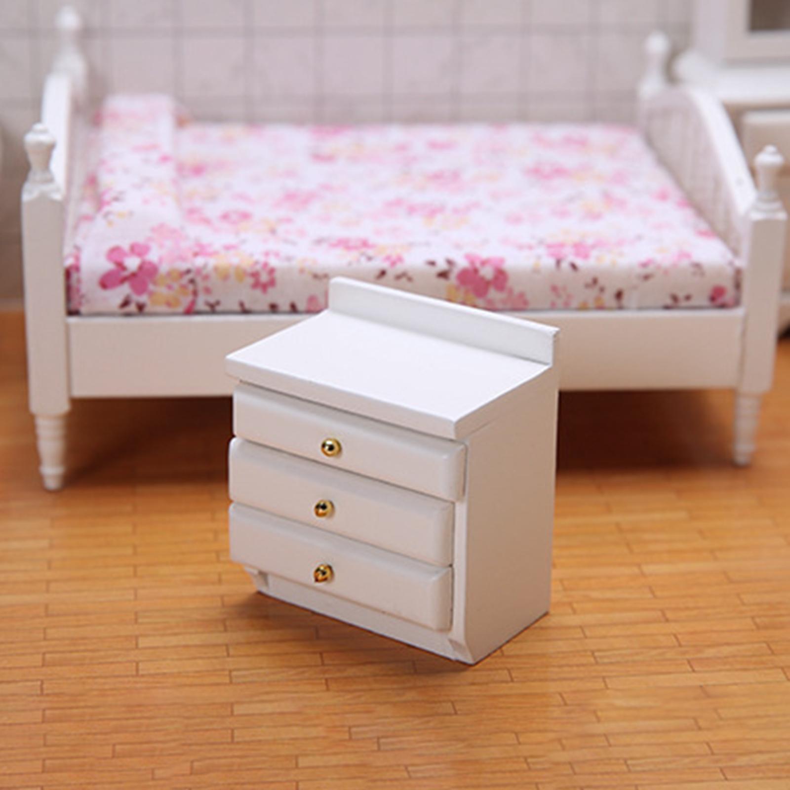 1:12 Scale Miniature Dollhouse Bed with Bed Cabinet Dollhouse Decoration