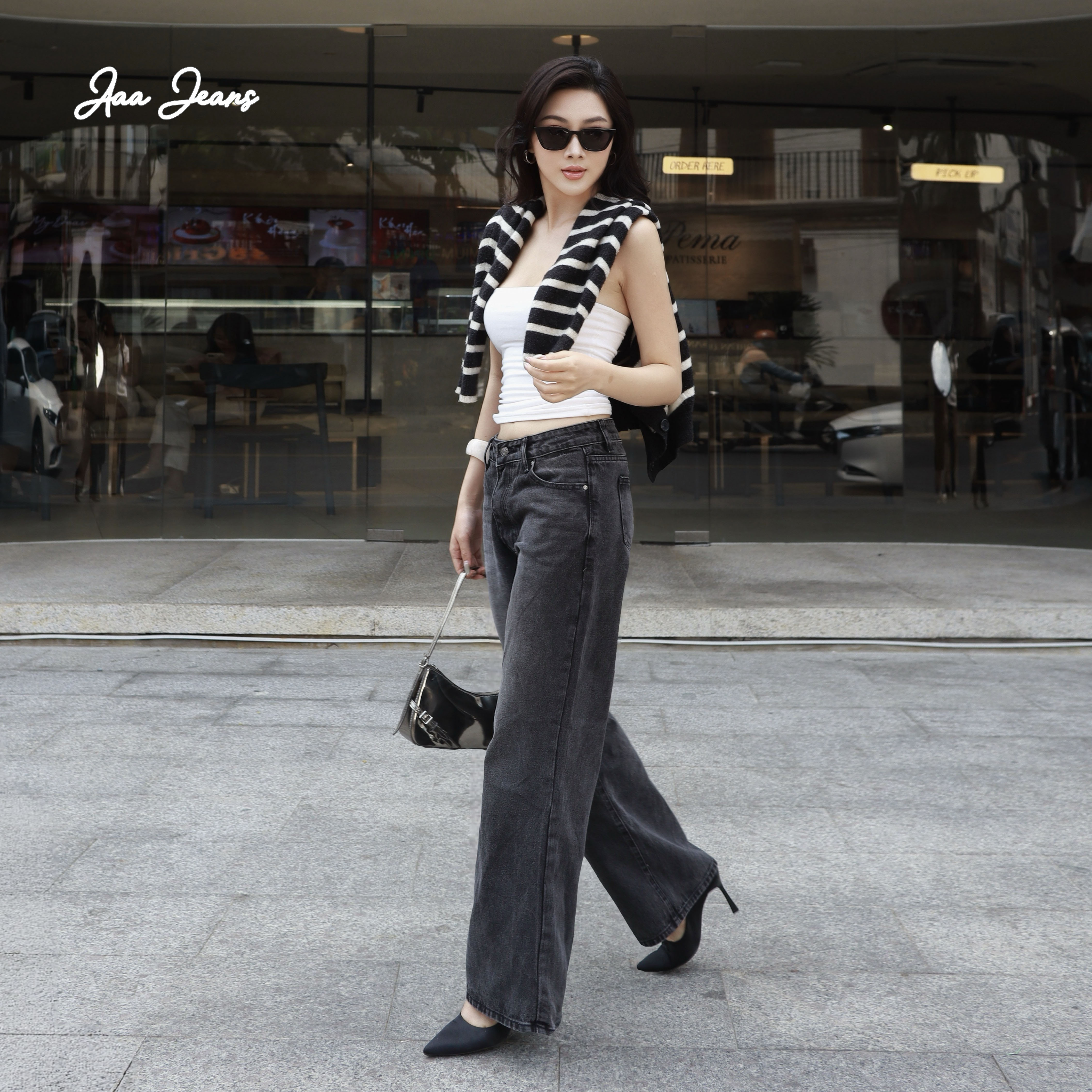 Quần jeans nữ màu xám ống suông lưng thấp Aaa Jeans