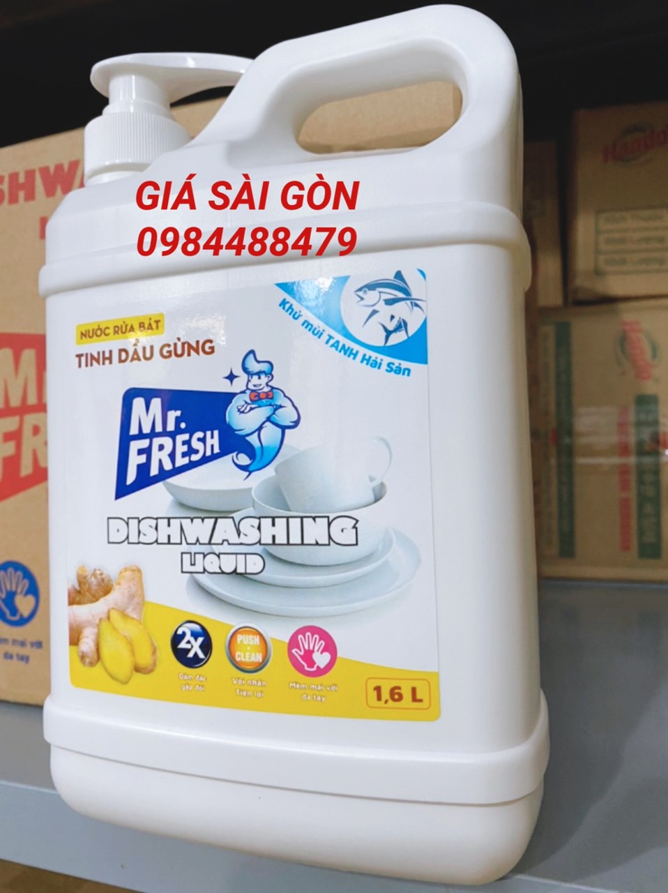 Nước rửa chén bát siêu sạch Mr Fresh 1,6L Tinh Dầu Gừng