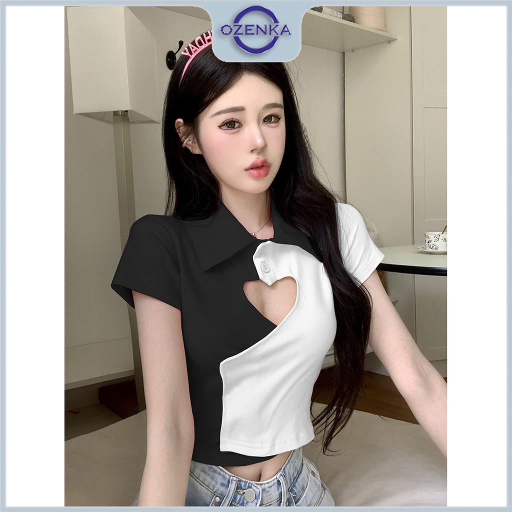 Áo croptop polo kiểu khoét trái tim cài khuy cộc tay nữ Ozenka , áo crt thun cotton cái màu đen trắng dưới 55 cân