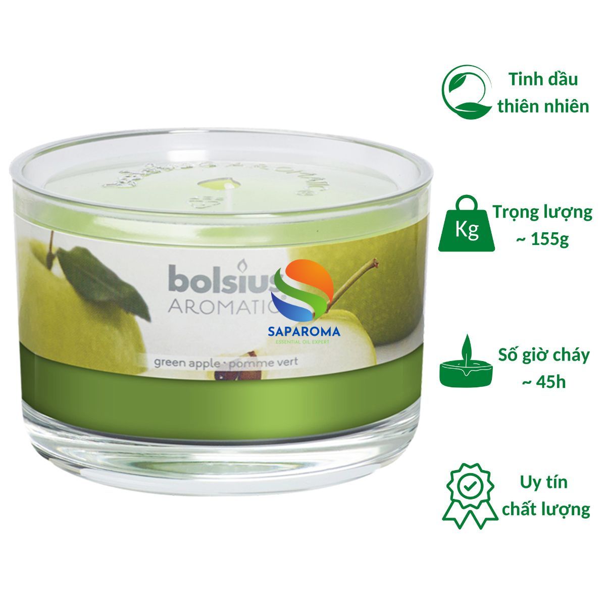 Ly nến thơm tinh dầu Bolsius Green Apple 155g QT024882 - hương táo xanh, nến trang trí, thơm phòng, thư giãn, Hỗ trợ khử mùi