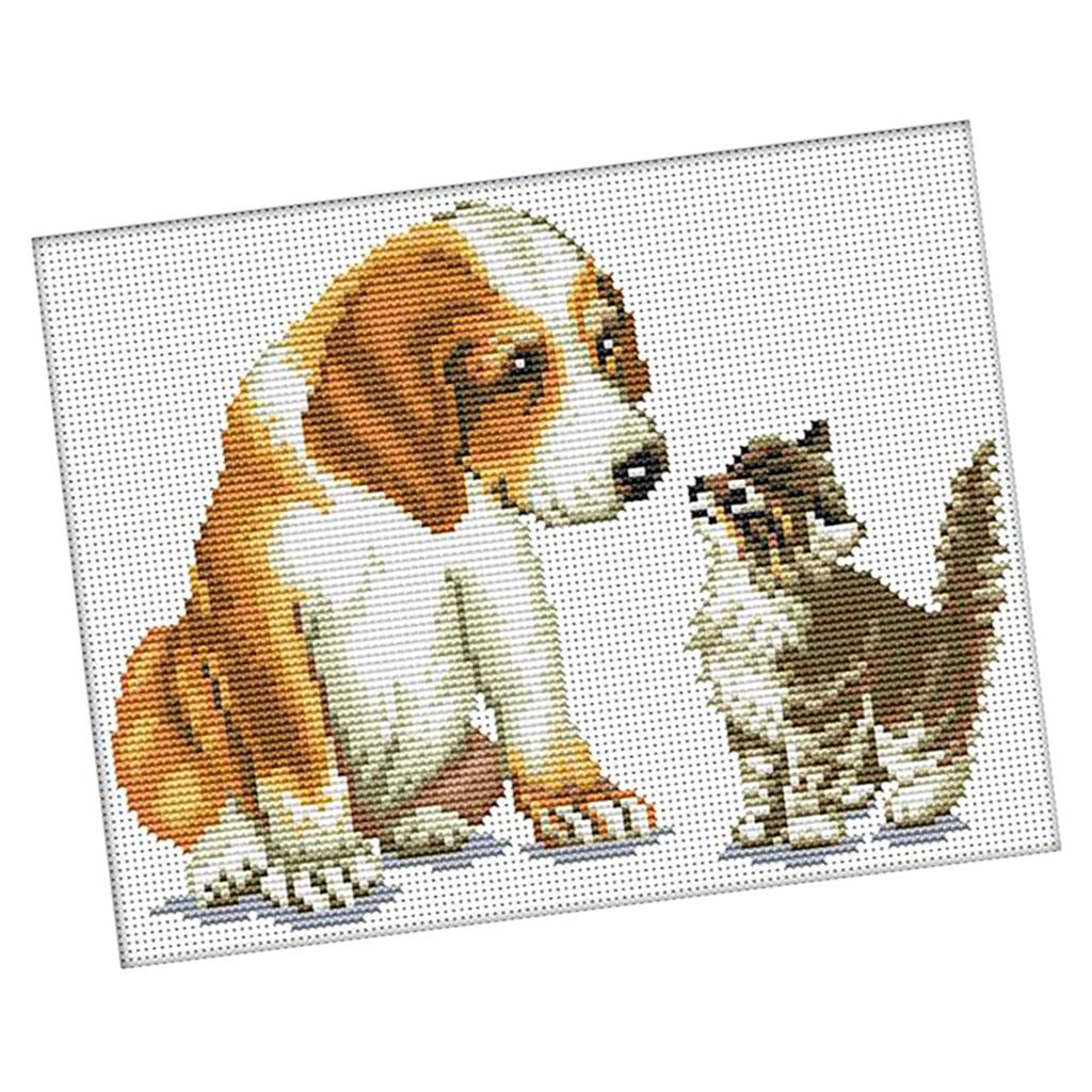 DIY Stamped Cross Stitch Kit Pre-Printed Pattern - Dog Cat 11 Count 35x29cm