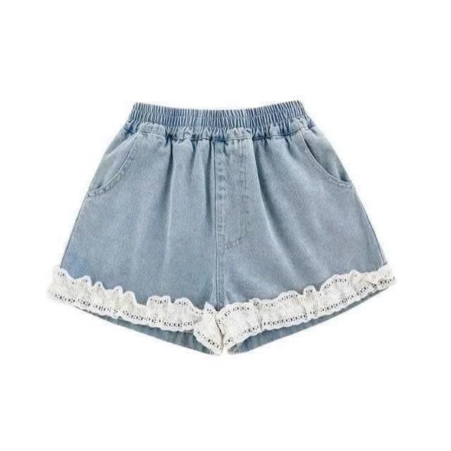 Quần Short Jean Bé Gái Phối Ren Lưng Thun Co Giãn Mềm Mại, Quần Jean Trẻ Em Đi Chơi Dễ Thương Hottrend Từ 12-45kg Dành Cho Bé Gái