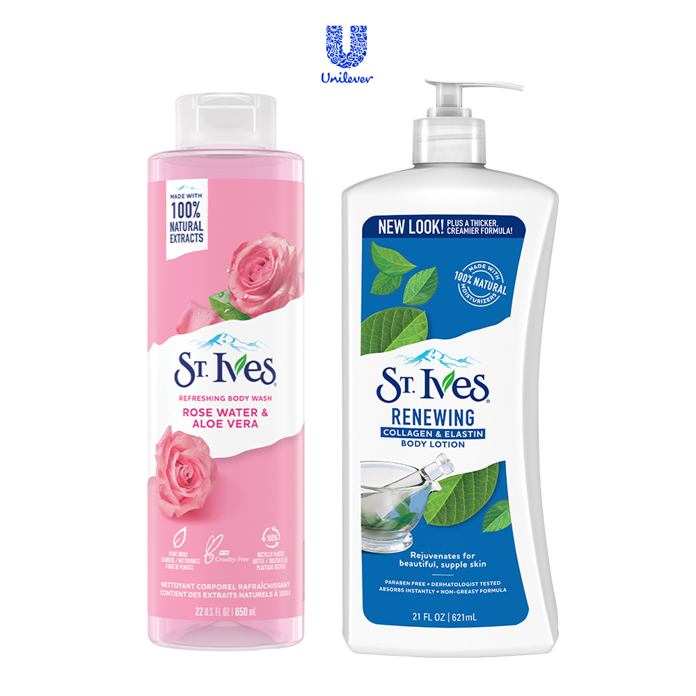 Combo Sữa tắm Hoa Hồng và Lô Hội 650ml &amp; Sữa dưỡng thể St.Ives collagen trẻ hoá da 621ml