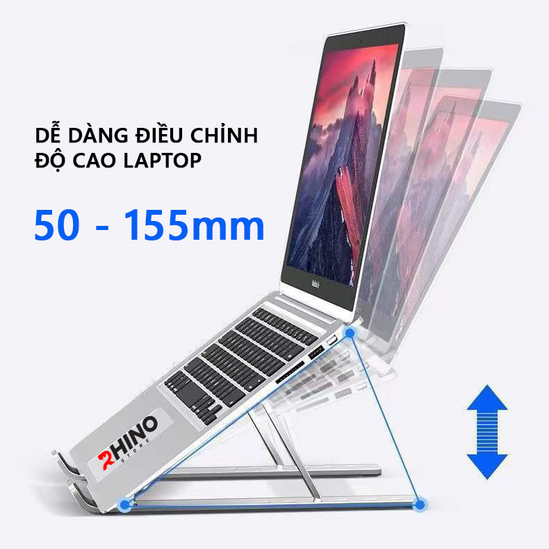 Giá đỡ Laptop, cho macbook, cho ipad tản nhiệt Rhino KL101, kệ đỡ máy tính nhôm gấp gọn, tặng túi đựng - Hàng chính hãng