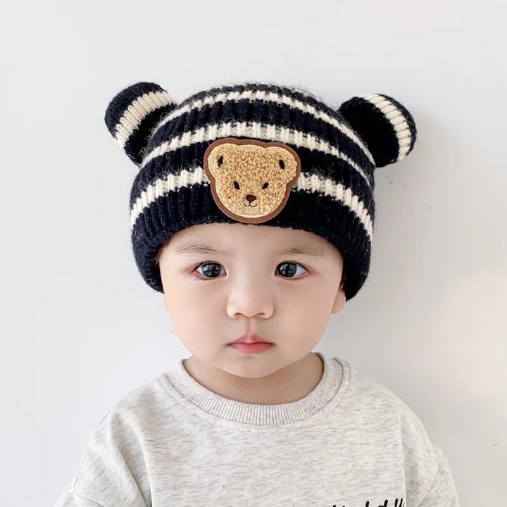 Mũ Nón Len Hình Gấu Cute Phối Kẻ Phong Cách Hàn Quốc Trùm Đầu giữ Ấm Cho Bé