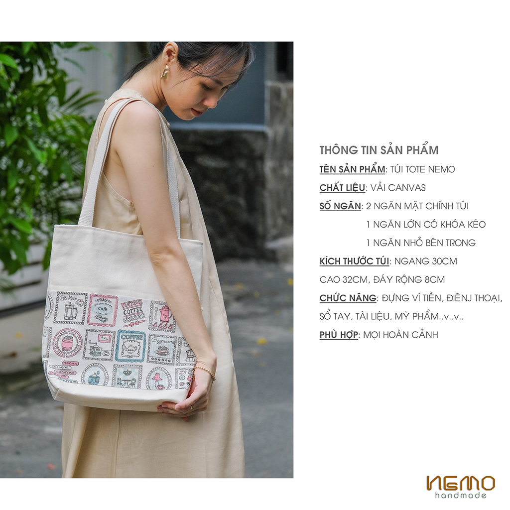 Túi Tote Canvas Họa Tiết Hoạt Hình Có Khóa Kéo - NEMO Collection TCHN