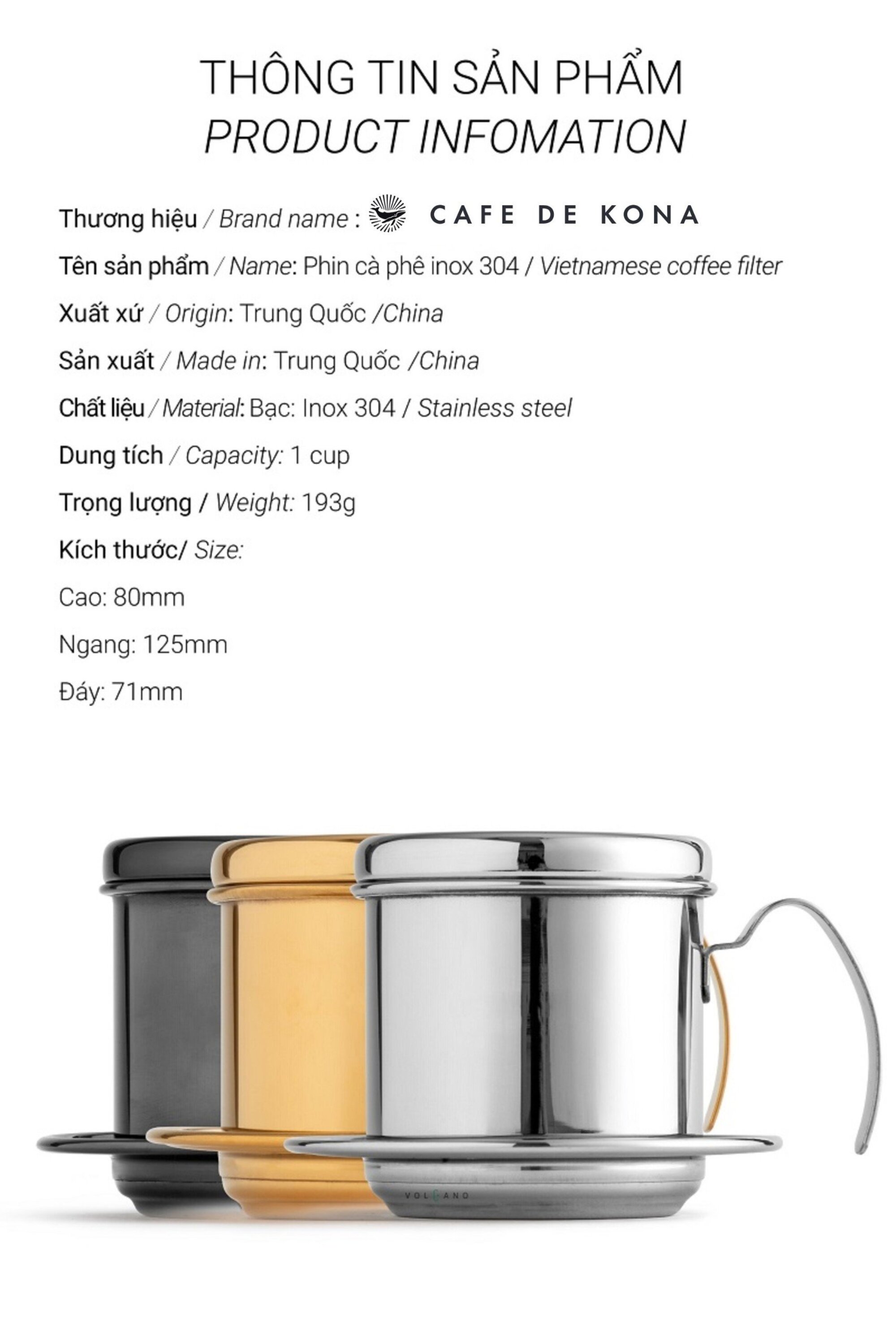 Bộ combo pha phin truyền thống inox 304 CAFE DE KONA