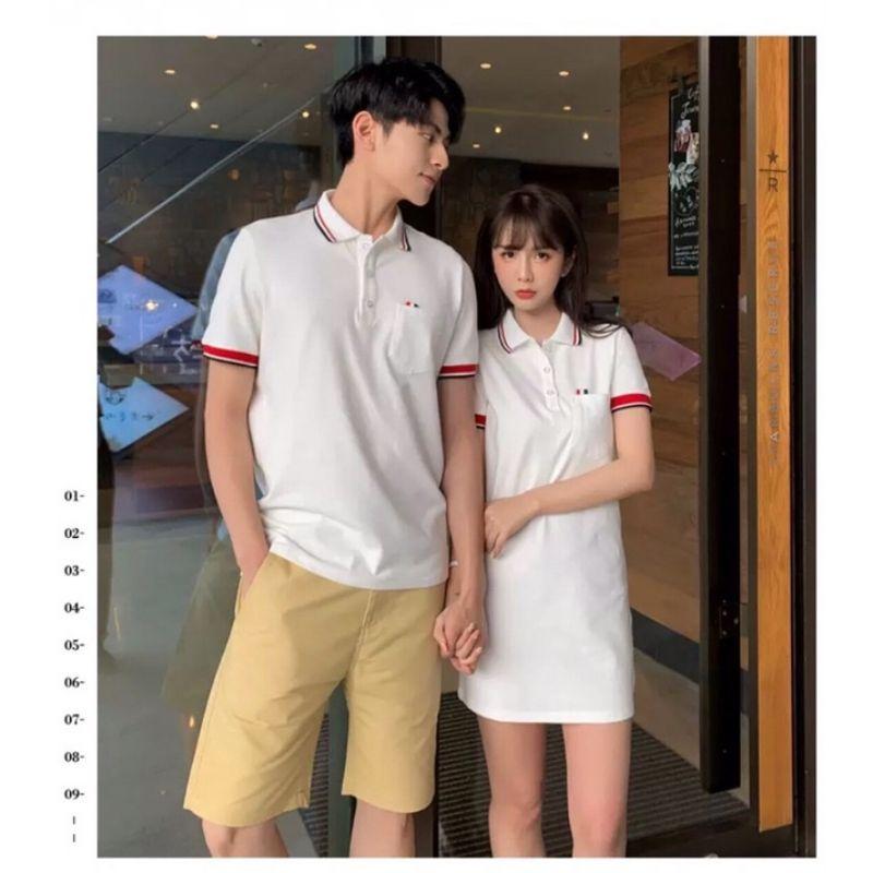 Váy + áo thun nam polo phong cách Hàn Quốc - đồ đôi nam nữ phối cổ kẻ cá tính