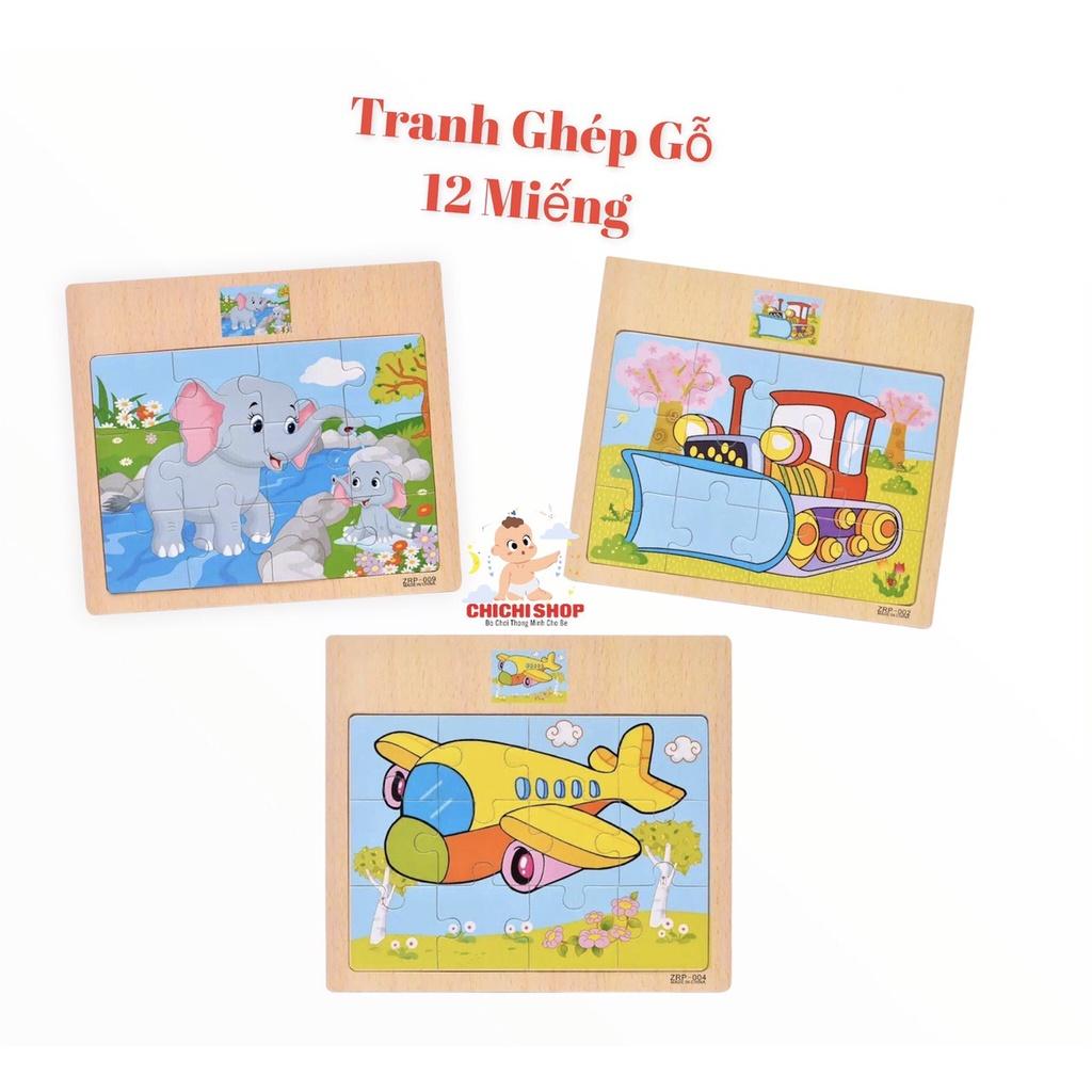 Tranh Ghép Hình 12 Miếng Chủ Đề Động Vật và Phương Tiện Giao Thông,Tranh Xếp Hình Bằng Gỗ Cho Bé