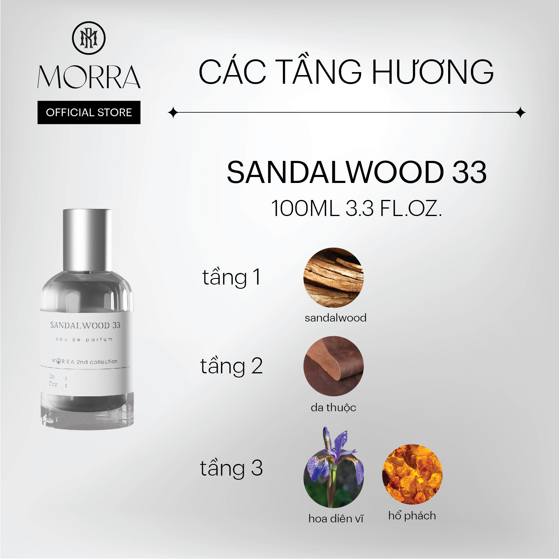 Nước Hoa Nam Morra Sandalwood 33 Chai 100ml Nguyên Liệu Nhập Pháp Hương Thơm Cổ Điển, Nam Tính, Phóng Khoáng - Dạng Xịt