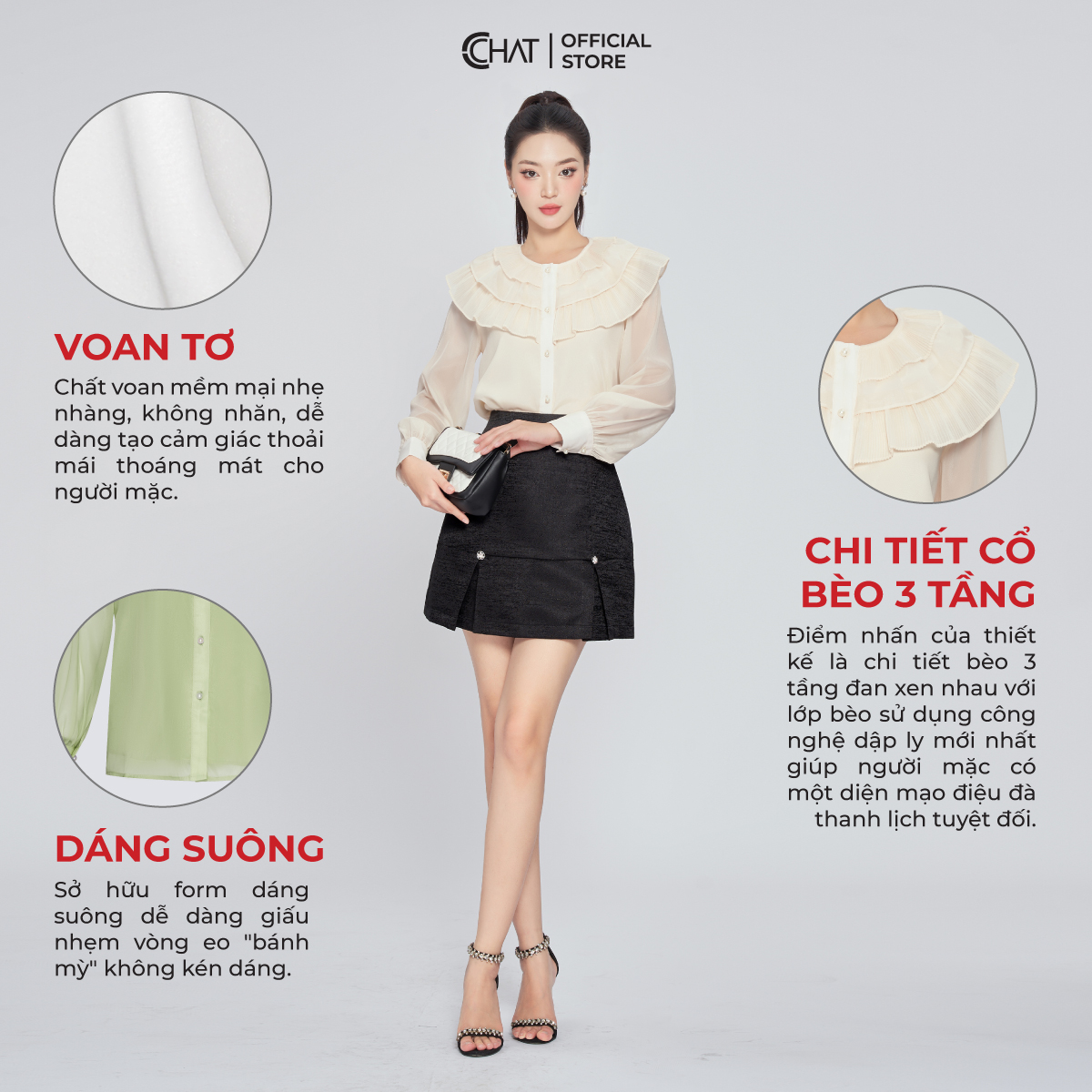Áo Sơ Mi Nữ  Kiểu Bèo Cổ 3 Tầng Dáng Suông Chất Voan Cao Cấp 13FDV8011ST
