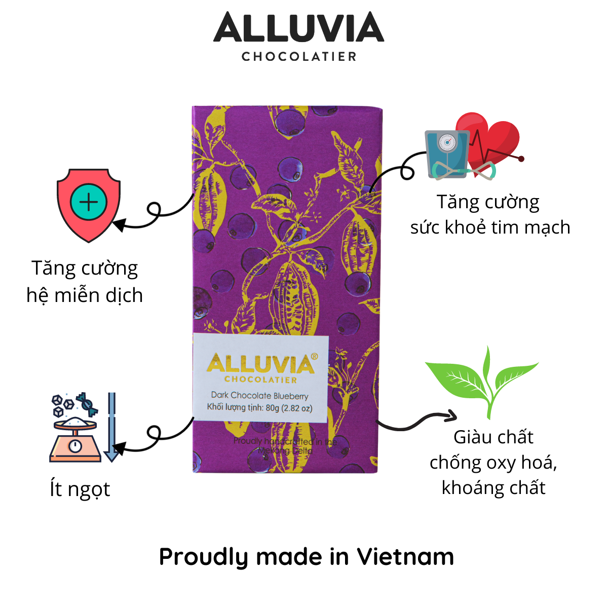 Socola Đen Việt Quất Thanh Lớn 80 gram, Nguyên Chất, Đắng Vừa | Dark Chocolate Blueberry Alluvia