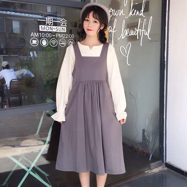 Set Ulzzang áo sơ mi váy yếm thô