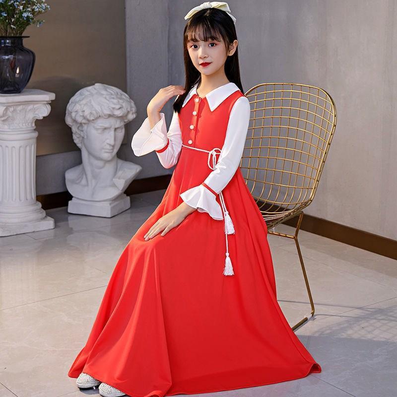 SHUANGYAN Mùa xuân trang phục cô gái váy dài tay áo công chúa váy trung bình lớn trẻ em trang phục tây dài váy lưới cô gái nhỏ