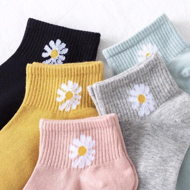 Lố 10 đôi Tất nữ/ Vớ nữ cổ trụ cotton trơn họa tiết hoa cúc họa mi thanh nhã.
