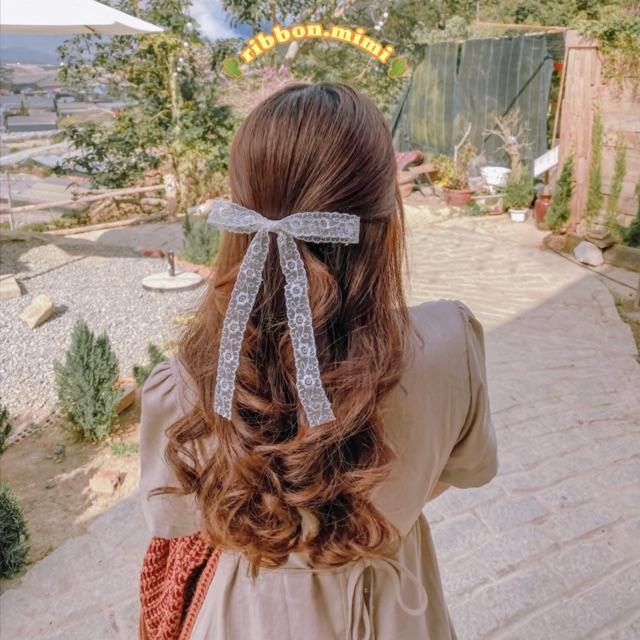 Kẹp Tóc Nơ Ren Trắng Handmade Họa Tiết Hoa Cao Cấp Ribbon.mimi Doris cột / kẹp