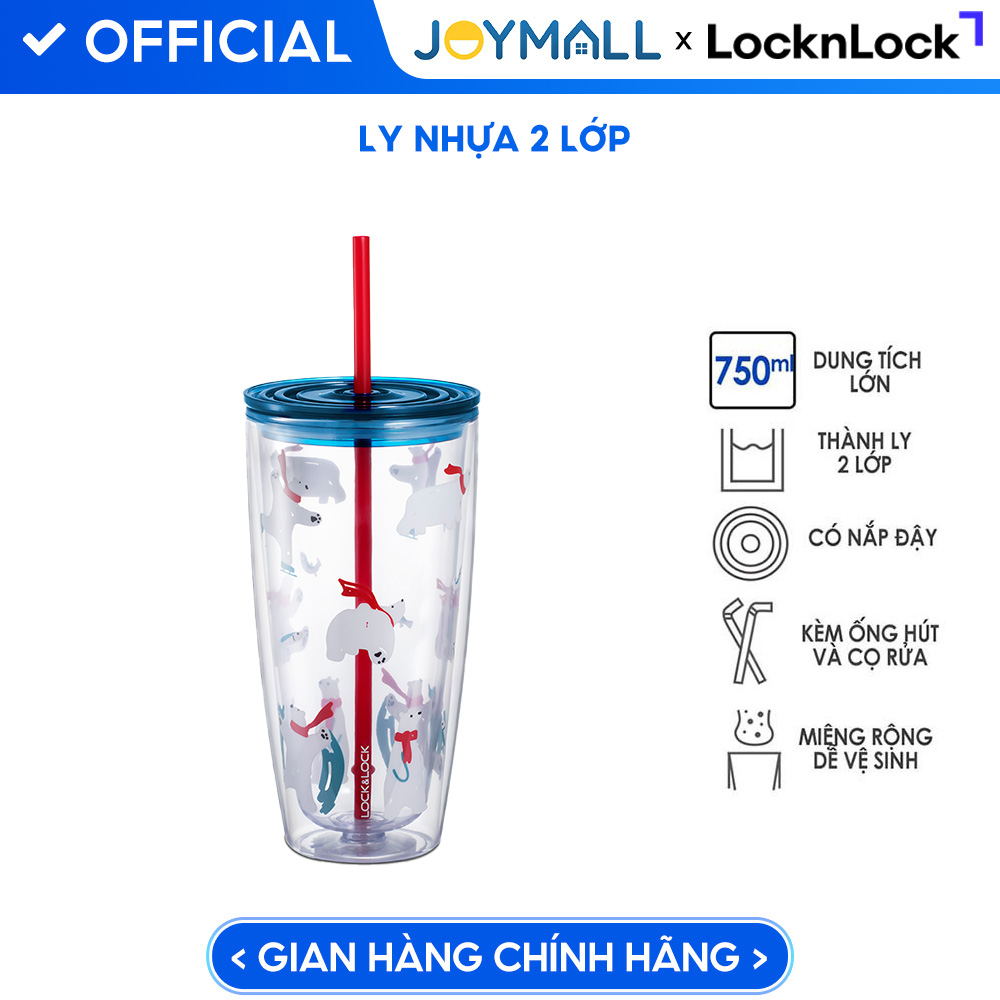 Ly nhựa 2 lớp Lock&Lock màu xanh dương HAP507BLU 750ml - Hàng chính hãng, có ống hút, có nắp đậy - JoyMall