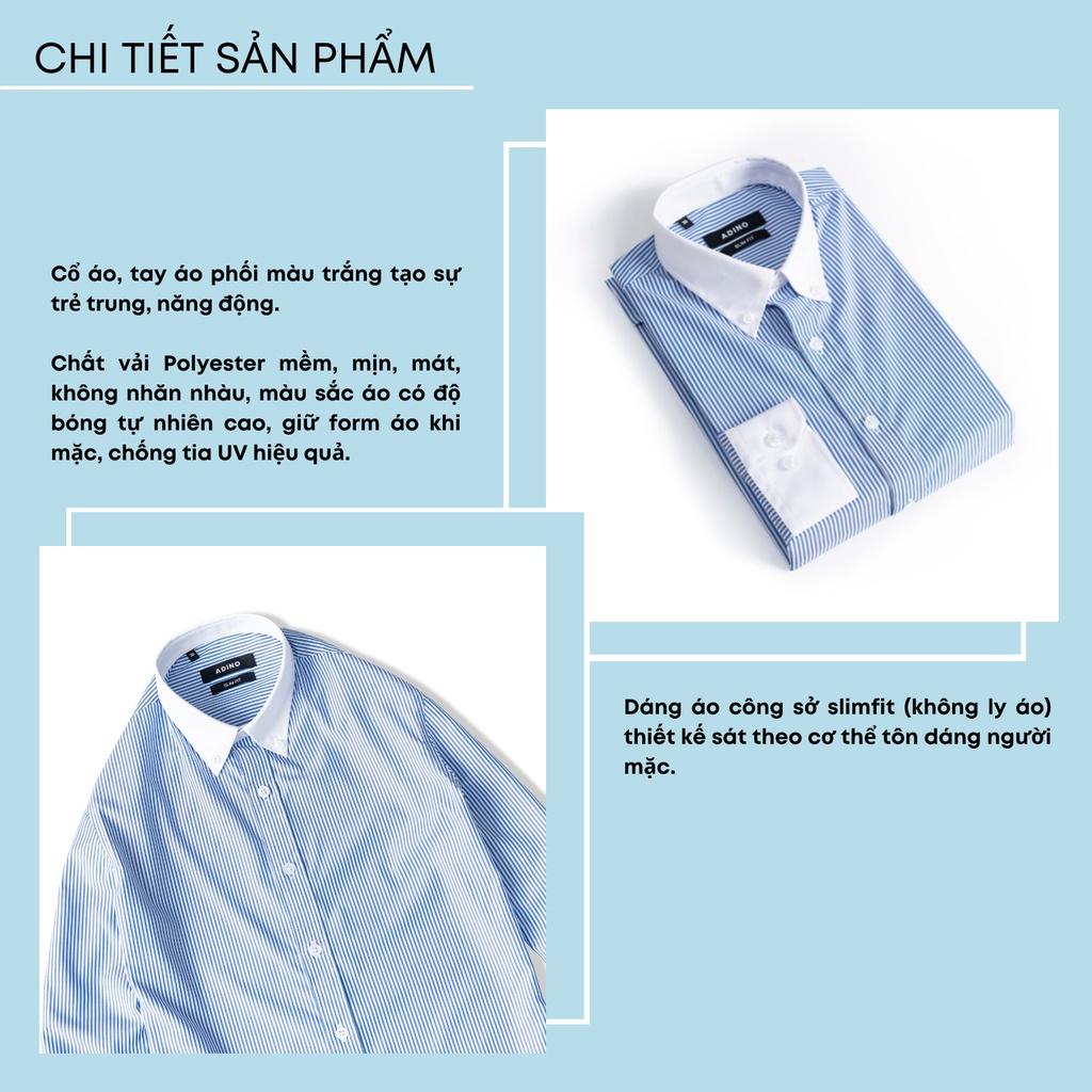 Sơ mi kẻ sọc nam màu xanh biển phối cổ trắng ADINO vải sợi sồi modal polyester mềm mịn dáng slimfit hơi ôm SM11