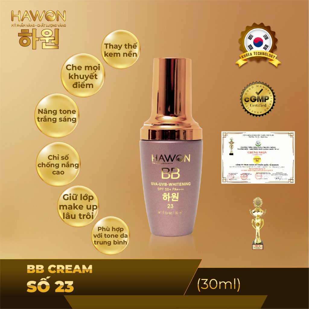 Kem Nền Che Khuyết Điểm Lâu Trôi Che Phủ Cao Cao Cấp BB Cream #23 HAWON