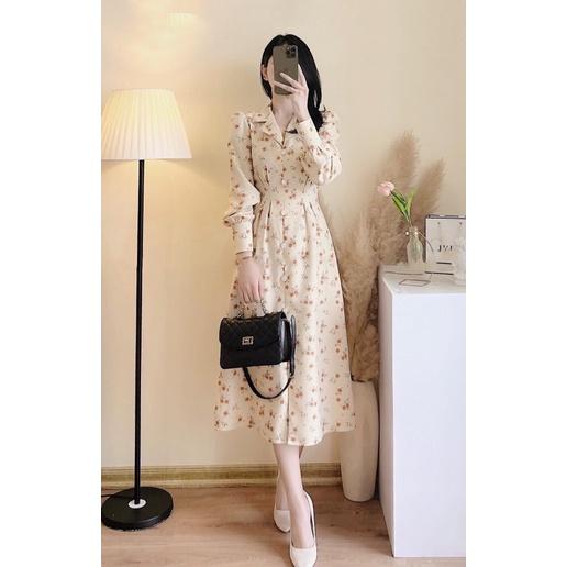 ĐẦM MIDI HOA NHÍ CỔ SƠ MI BO EO THANH LỊCH