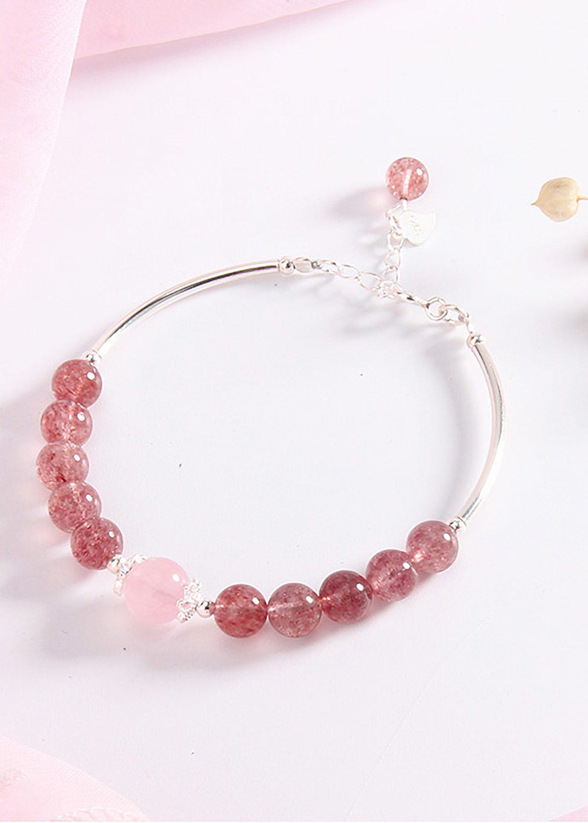 Vòng tay đá thạch anh dâu phối charm ống bạc mệnh hỏa, thổ - Ngọc Quý Gemstones